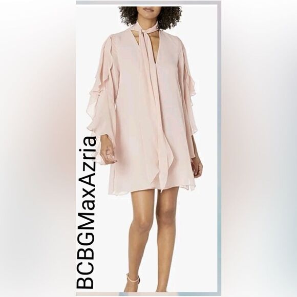 NWOT BCBG S pink silk chiffon dress w flutter sleeves - Picture 1 of 16